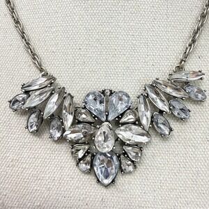 Ann Taylor Rhinestone Necklace Statement Silver‎ Tone Clear Crystal Marquise Bib